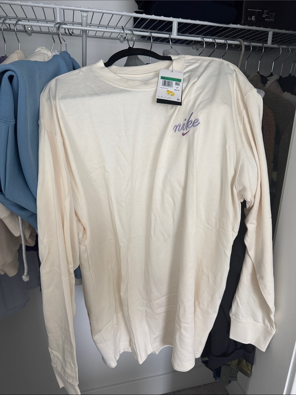 Nike Men’s Cream Long-Sleeve Logo Tee with Lavender Script